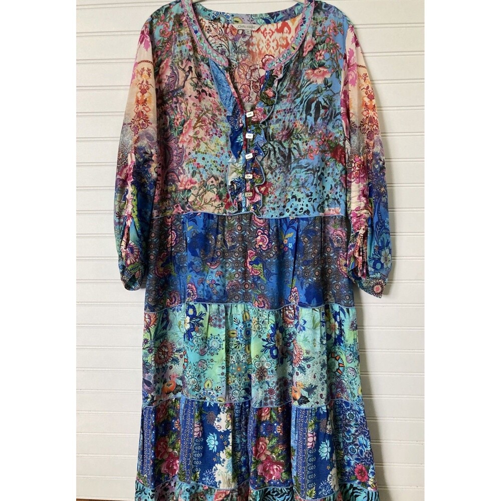 John Mark Tiered Midi Dress MEDIUM Colorful Ruffle Boho